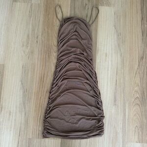 SHEIN Brown Runched Mesh Midi Dress